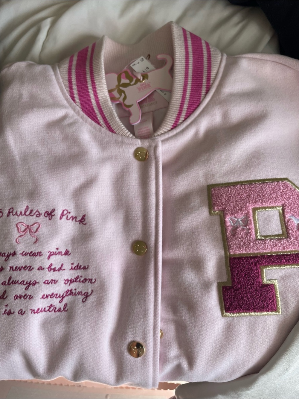 LoveShackFancy x Pink Varsity Jacket with Gold Buttons NWT